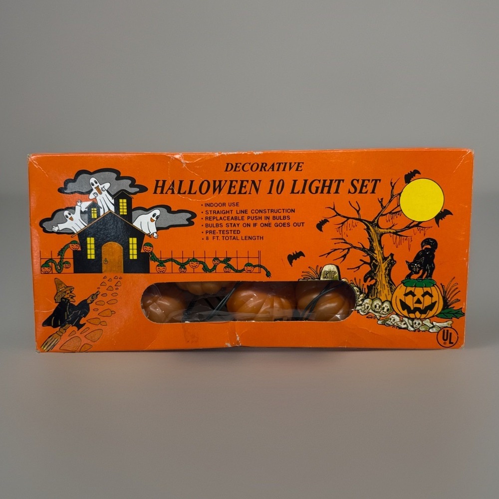 Vintage Decorative Halloween 10 Light Set Jack-O-Lanterns Pumpkins Tested Fast